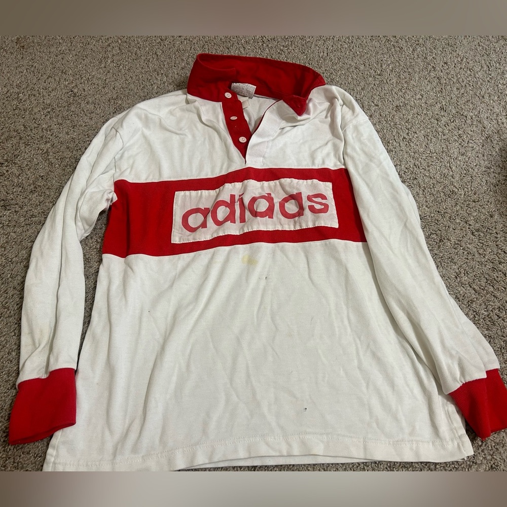 80s ADIDAS Rugby Shirt Vtg. Spellout Long Sleeve Polo Jersey Red White Retro Men